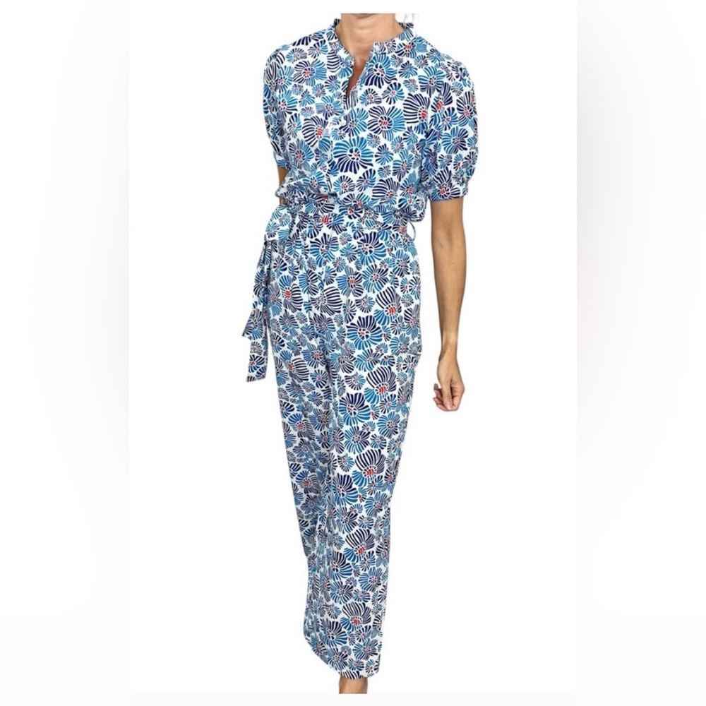 NWT Compania Fantastica 100% cotton blue white floral print wide leg jumpsuit M